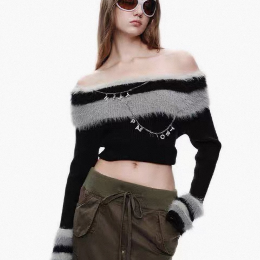 Off-Shoulder Black and Gray Sweater